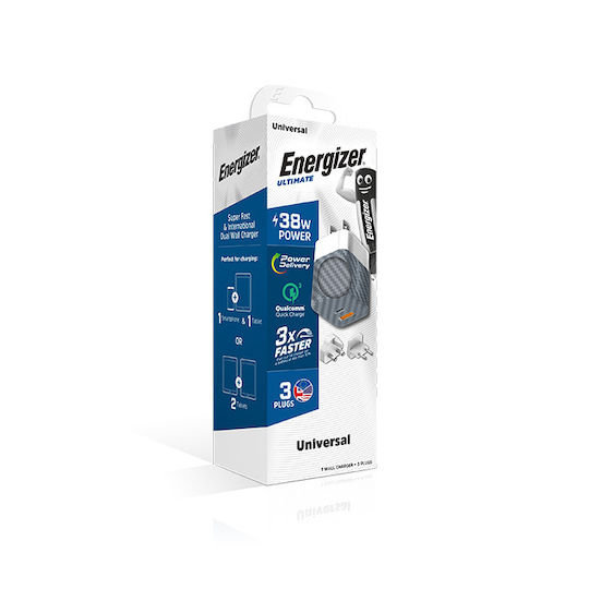 Energizer Φορτιστής Χωρίς Καλώδιο GaN με Θύρα USB-A και Θύρα USB-C 38W Power Delivery / Quick Charge 3.0 Ασημί (A38QMU)