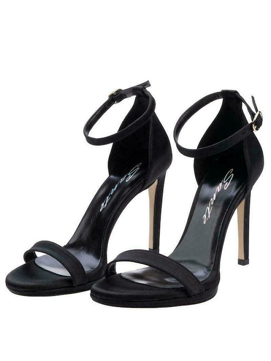 Fabric Women's Sandals with Ankle Strap Black with Thin High Heel