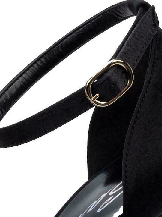 Fabric Women's Sandals with Ankle Strap Black with Thin High Heel