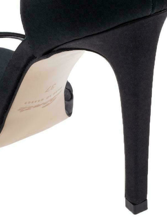 Fabric Women's Sandals with Ankle Strap Black with Thin High Heel