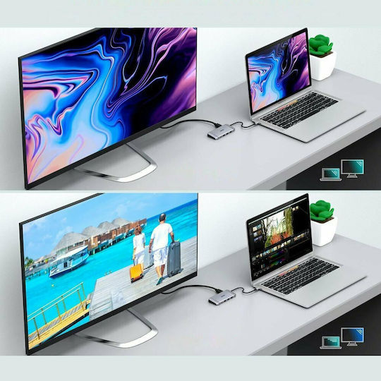 Choetech HUB-M15 USB-C Docking Station με HDMI 4K PD Ethernet και συνδεση 2 Οθονών Γκρι