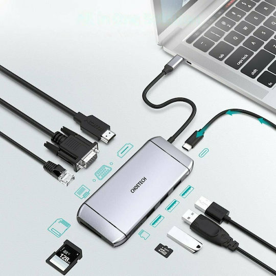 Choetech HUB-M15 USB-C Docking Station με HDMI 4K PD Ethernet και συνδεση 2 Οθονών Γκρι