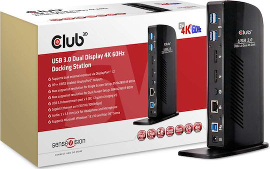 Club3D USB-A / USB-C Docking Station with DisplayPort 4K PD Ethernet and Support for 2 Monitors Black (CSV-1460)
