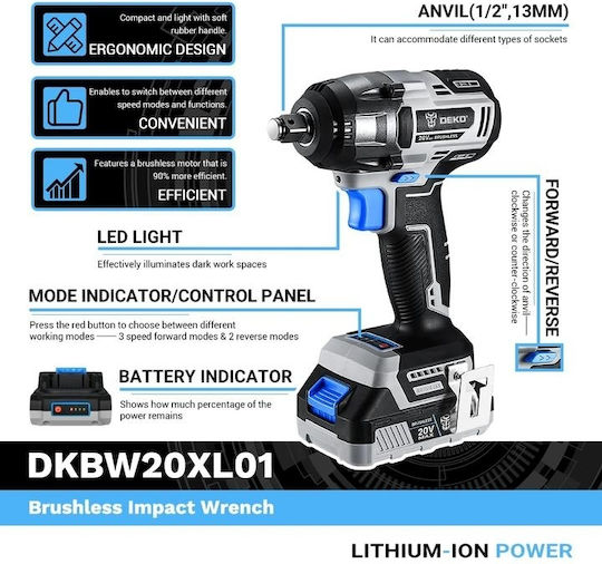 Deko Brushless Impact Wrench Battery 20V 1x2Ah with Socket 1/2"