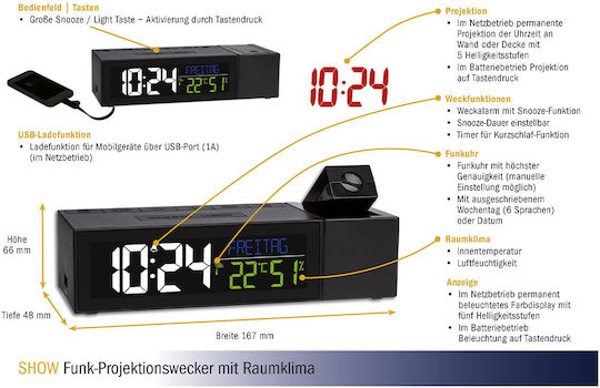 TFA Tischuhr Digital LED Kunststoff mit Wecker Schwarz 60.5014.01