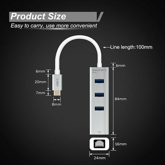 Cabletime C160 USB-Hub Mit 3 Anschlüssen USB 3.0 Mit USB-C Anschluss Ethernet Silber