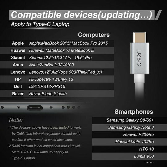 Cabletime C160 USB-Hub Mit 3 Anschlüssen USB 3.0 Mit USB-C Anschluss Ethernet Silber