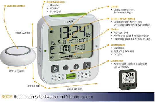 TFA Tabletop Digital Clock with Alarm Clock White 60.2538.02