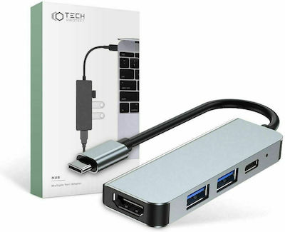 Tech-Protect V2-HUB USB 3.0 3 Port Hub with USB-C Connection & Charging Port Gray