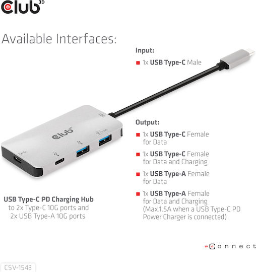 Club3D Hub 4 Θυρών USB 3.2 με σύνδεση USB-C Ασημί