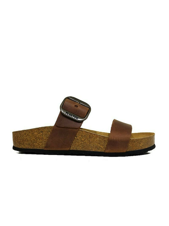 Plakton Leather Women's Flat Sandals Anatomic In Tabac Brown Colour