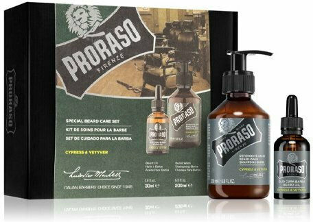 Proraso Cypress & Vetyver Beard & Moustache Grooming Set with Oil 30ml & Shampoo 200ml