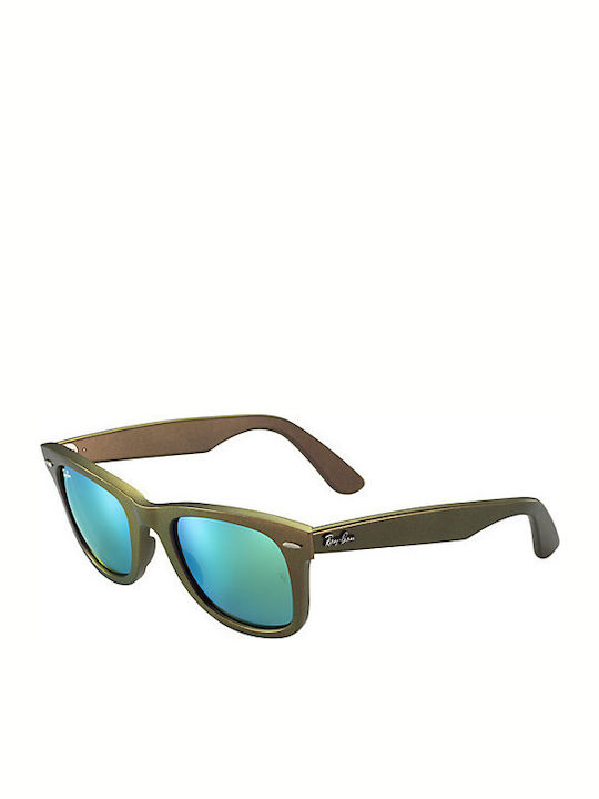 Ray Ban Wayfarer Sunglasses with Brown Acetate Frame and Green Mirrored Lenses RB2140 611019