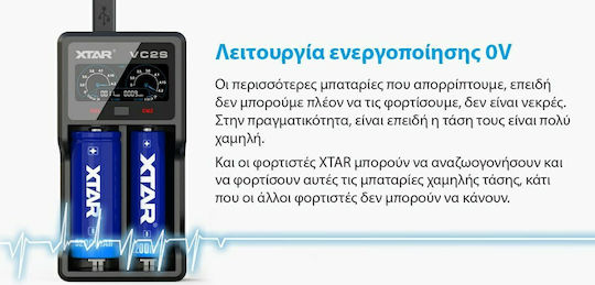 XTAR VC2S Φορτιστής 2 Μπαταριών Li-ion/Ni-Cd/Ni-MH Μεγέθους AA/AAA/18650