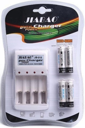 Jiabao A-613 Charger 4 Batteries Ni-Cd/Ni-MH Size AA/AAA/9V Set with 4x AAA 600mAh in White color
