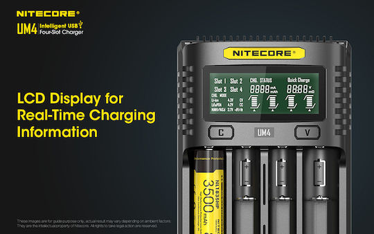 NiteCore UM4 Charger 4 Batteries Li-ion/Ni-Cd/Ni-MH Size AA/AAA/D/18650/16340/26650/14500