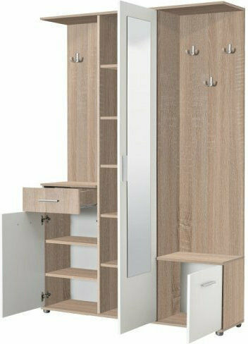 Martin Entry Furniture with Mirror / Hanger / Shoe Rack & Wardrobe Sonoma / White 133.5x33x197.5cm