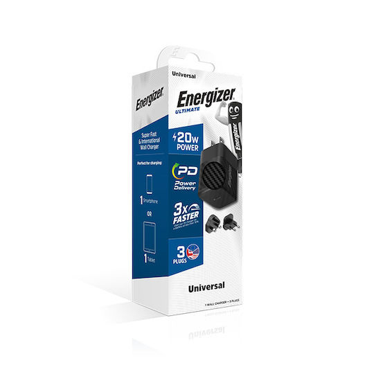 Energizer Φορτιστής Χωρίς Καλώδιο GaN με Θύρα USB-C 20W Power Delivery Μαύρος (A20MU)