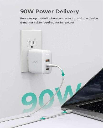 Aukey Φορτιστής Χωρίς Καλώδιο GaN με Θύρα USB-A και 2 Θύρες USB-C 90W Power Delivery Λευκός (PA-B6S)