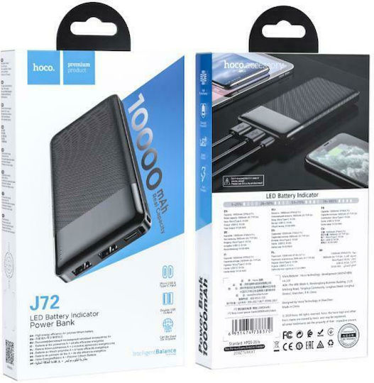 Hoco J72 Power Bank 10000mAh 10W with 2 USB-A Ports and USB-C Port Black