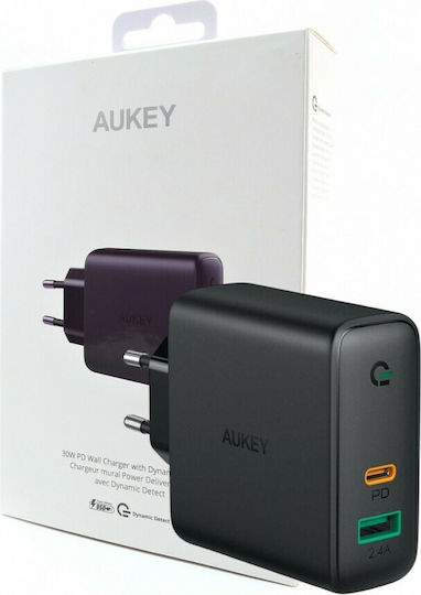 Aukey Wireless Charger with USB-A and USB-C Ports 30W Power Delivery Black