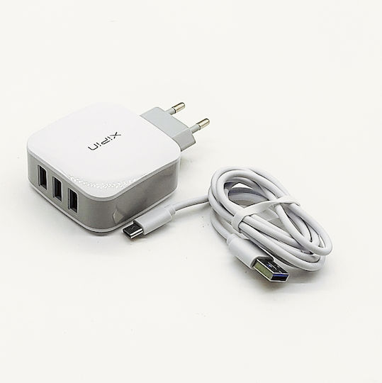 Xipin Φορτιστής με 3 Θύρες USB-A και Καλώδιο USB-C Λευκός (EU-15T)