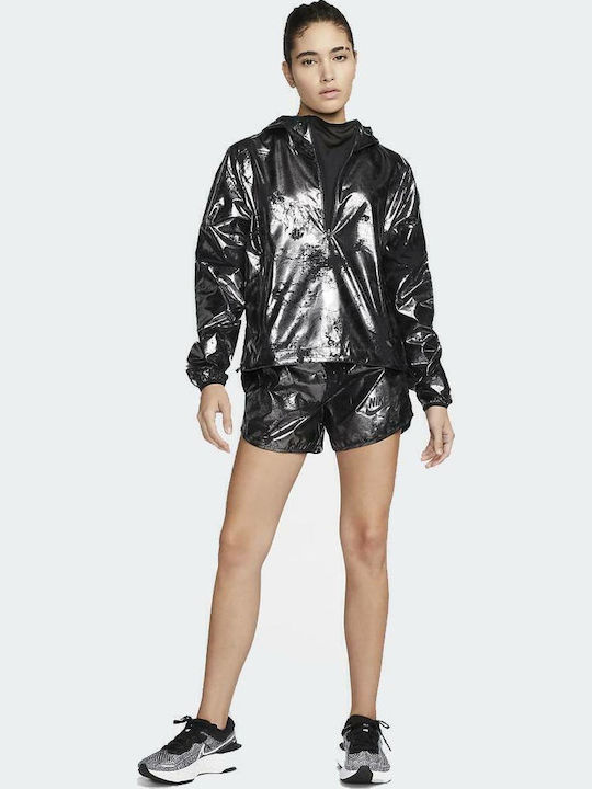 Air Women's Running Short Sports Jacket Windproof for Spring or Autumn with Hood Black