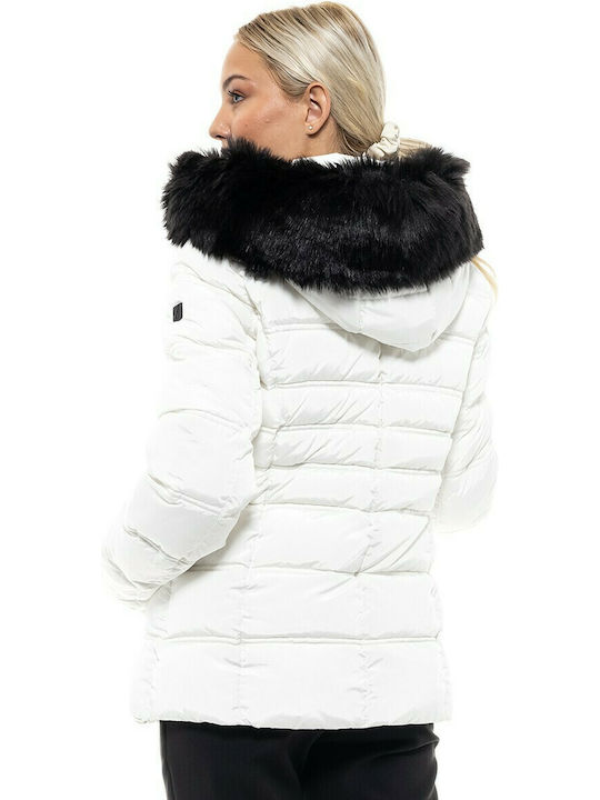 Biston Kurz Damen Puffer Jacke mit pelziger Kapuze für Winter Weiß