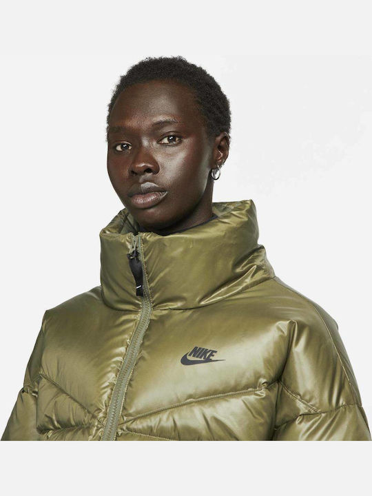 Sportswear Women's Short Puffer Jacket Waterproof for Winter Khaki
