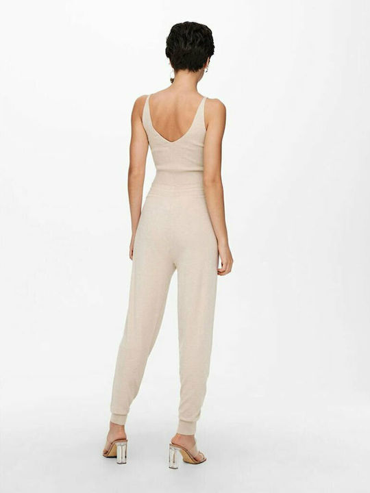 Women's High-waisted Fabric Trousers with Elastic Slim Fit Beige