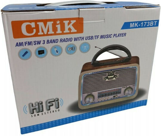 Cmik MK-173BT Retro Επιτραπέζιο Ραδιόφωνο Επαναφορτιζόμενο με Bluetooth και USB Καφέ