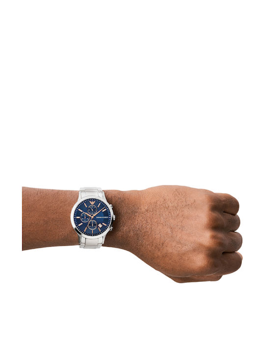 Emporio Armani Renato Ανδρικό Ρολόι 43mm Χρονογράφος Μπαταρίας με Ασημί Μεταλλικό Μπρασελέ