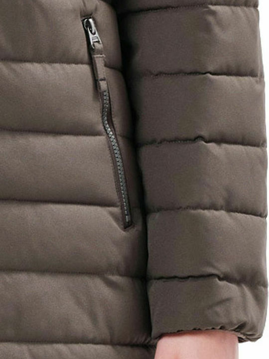 Women's Long Puffer Jacket Waterproof and Windproof for Winter with Hood Khaki
