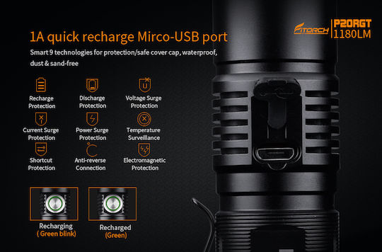 Fitorch Rechargeable Flashlight LED IPX8 with Maximum Brightness 1180lm P20RGT Black