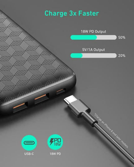 Aukey PB-N93 Power Bank 20000mAh με 2 Θύρες USB-A και Θύρα USB-C Μαύρο