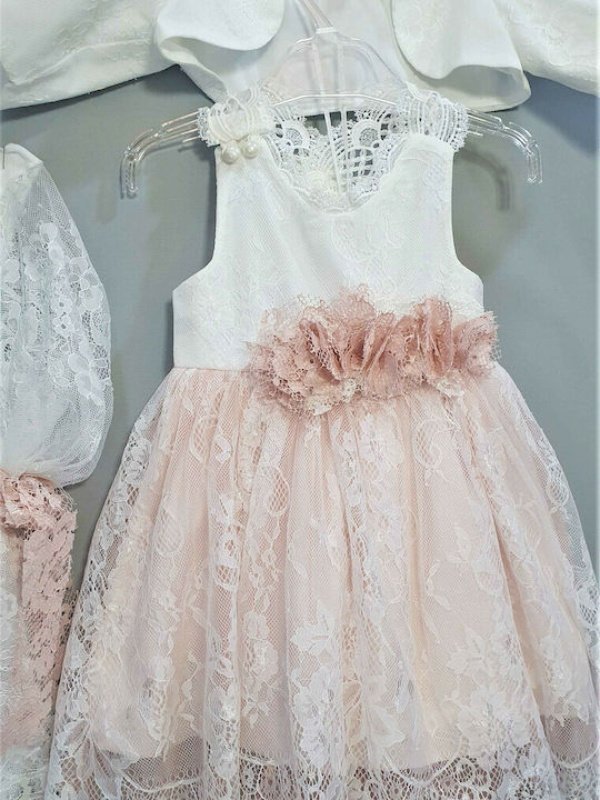Carousel Rosa Taufset Kleidung mit Haar-Accessoires , Strickjacke & Kleid aus Spitze 3Stück