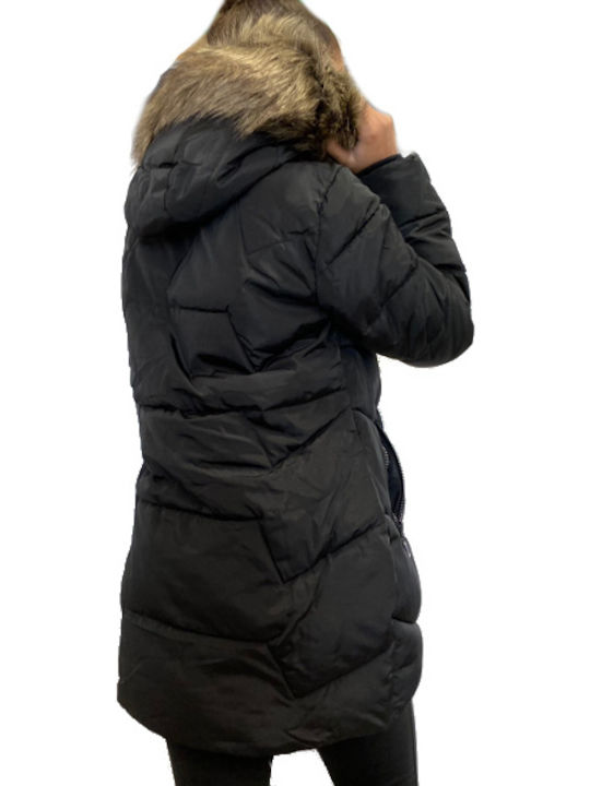 Paco & Co Women's Long Puffer Jacket for Winter with Hood Black