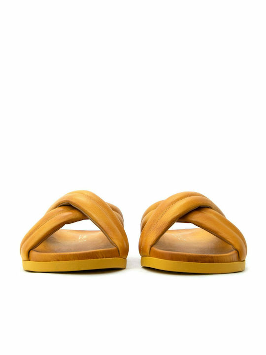 Makis Fardoulis Leather Women's Flat Sandals In Yellow Colour
