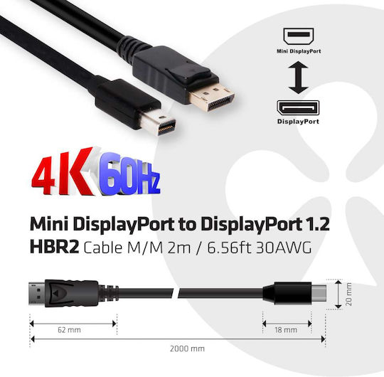 Club3D Кабел mini DisplayPort мъжки - DisplayPort мъжки 2м Черен (CAC-2163)