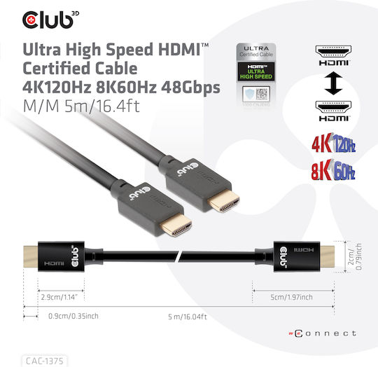 Club3D HDMI 2.1 Ultra High Speed 48Gbps 4K 120Hz HDR VRR Cable HDMI Male - HDMI Male 5m Black