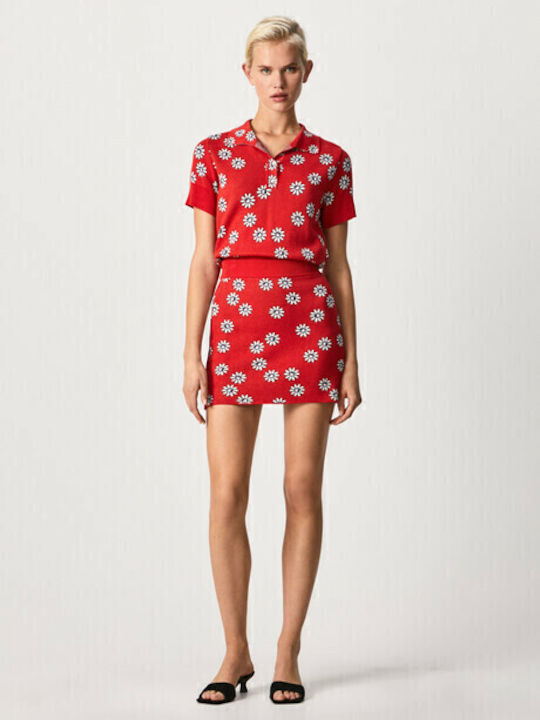 Priscilla Denim High-waisted Mini Skirt Floral Royal Red