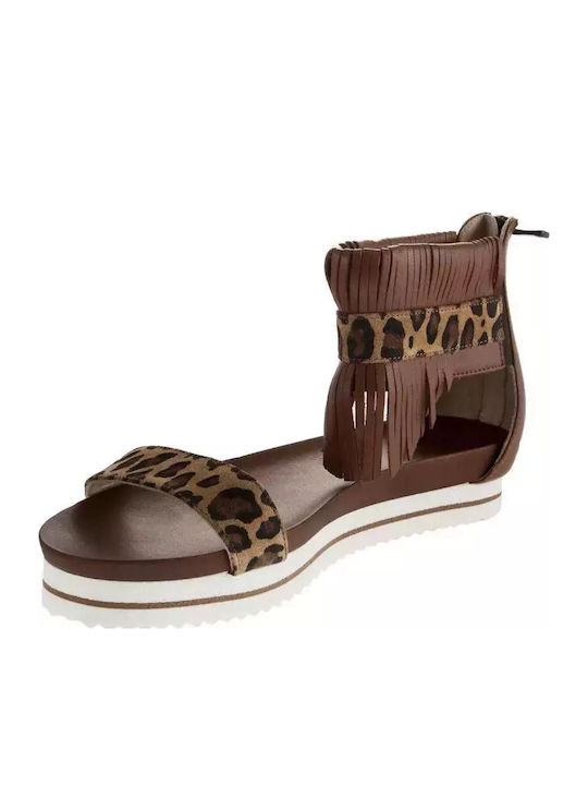 Leather Women's Flat Sandals with Strap Flatforms in Brown Color