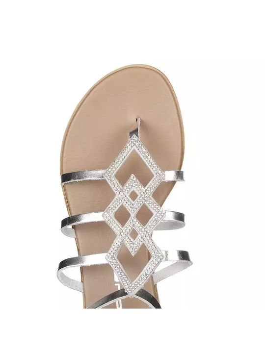 Mourtzi Leather Women's Flat Sandals with Strap in Silver Color