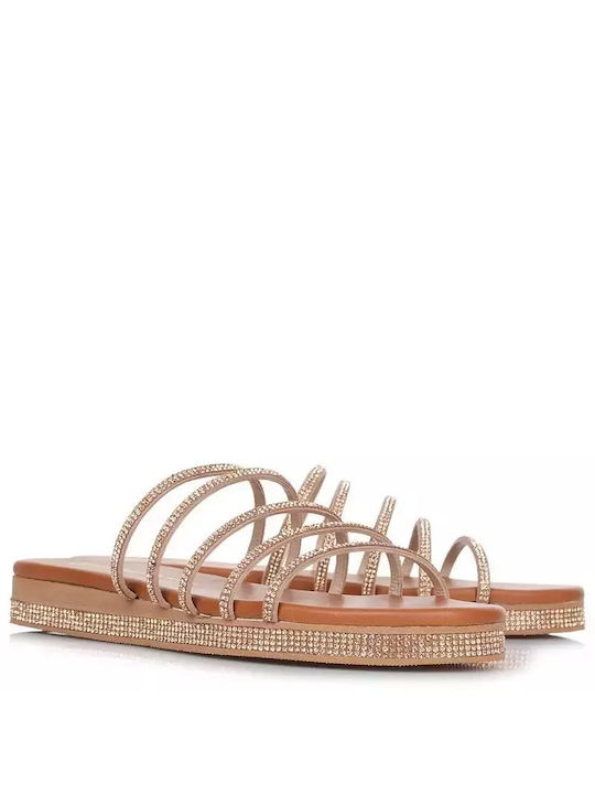 Mourtzi Leather Women's Flat Sandals Flatforms in Gold Color