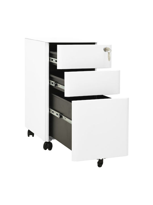 Office Storage Metal Drawer with Wheels, Lock & 3 Drawers White L30xW45xH59cm