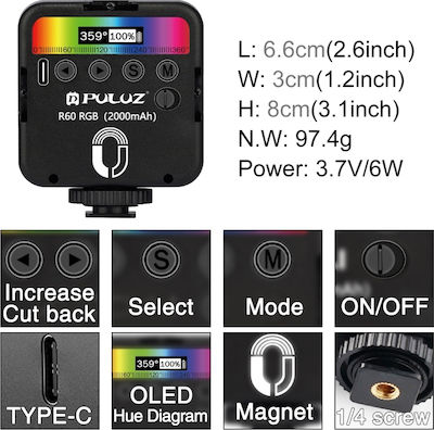 Puluz LED RGB Light 2500-9000K 6W with Brightness 800lm