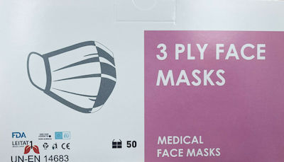 Medical Face Masks Type IIR, 3ply Surgical Face Masks with Elastic, Color Pink 50 Pieces