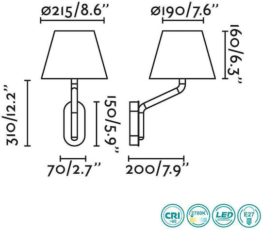 Faro Barcelona Eternal Classic Lamp Wall with Socket E27 and Switch White 21.5x29cm