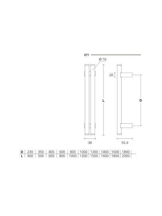 Front door handle Convex 871 stainless steel Overall length 2000mm Single