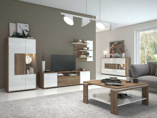 Square Central Coffee Table Stendal Wooden Tobacco Oak and Crystal White Hg 90x88x45 cm